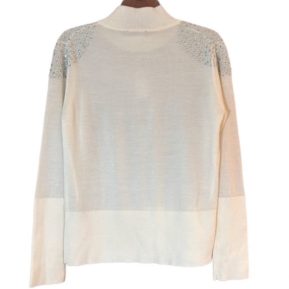 Karl Lagerfeld Paris Ivory Mock Neck Merino Wool Jeweled Shoulder Sweater M NWT - Picture 3 of 6